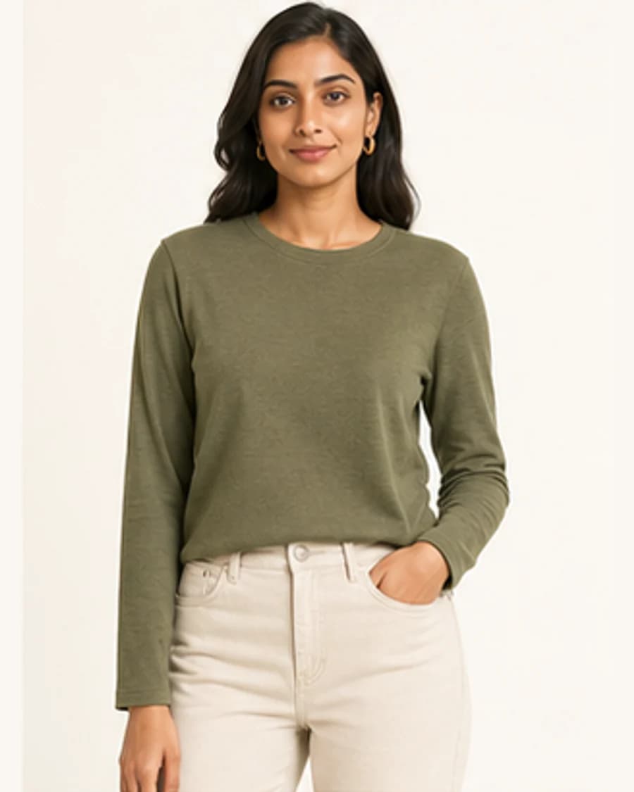 Metro Knit Long Sleeve Tee: front styling view on an adult Indian model