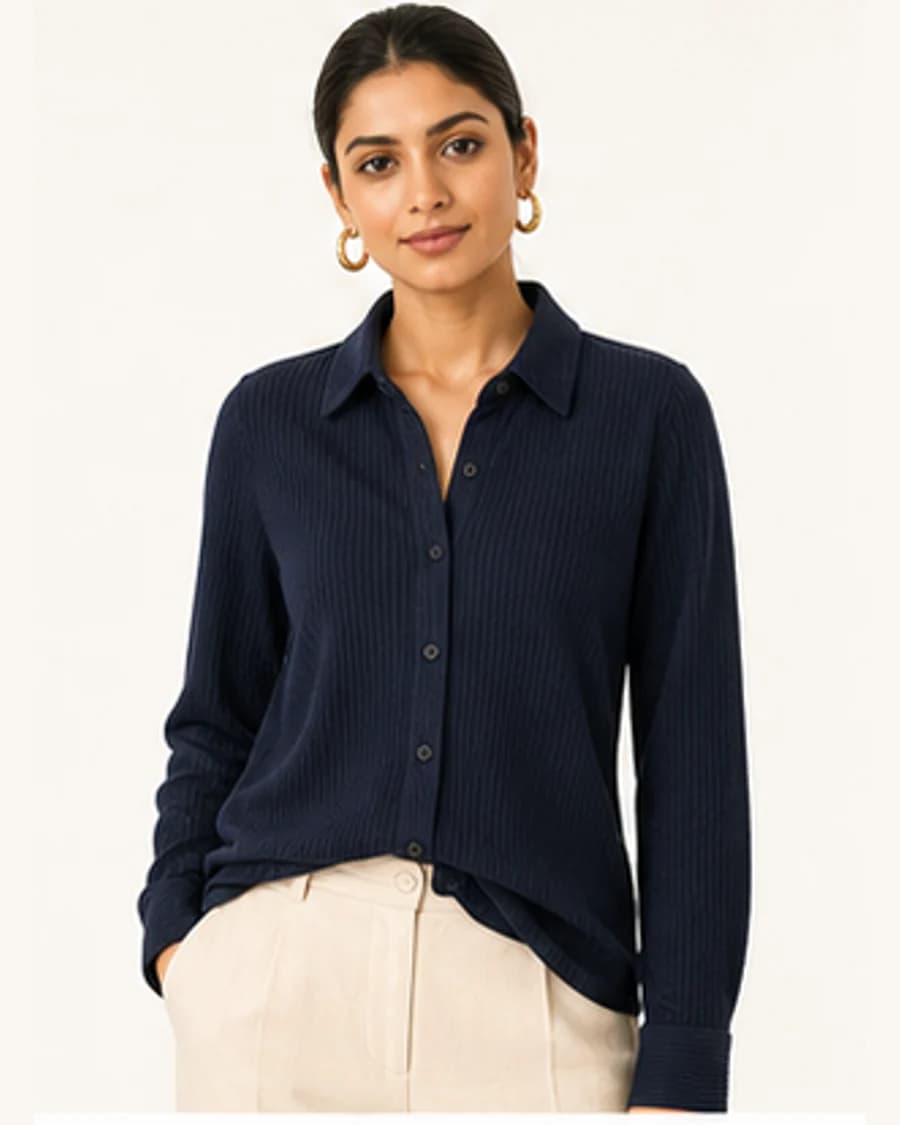 Metro Knit Relaxed Shirt: front styling view on an adult Indian model