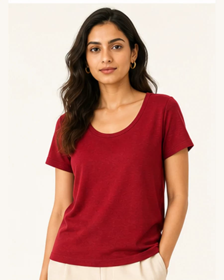 Metro Knit Scoop Top: front styling view on an adult Indian model