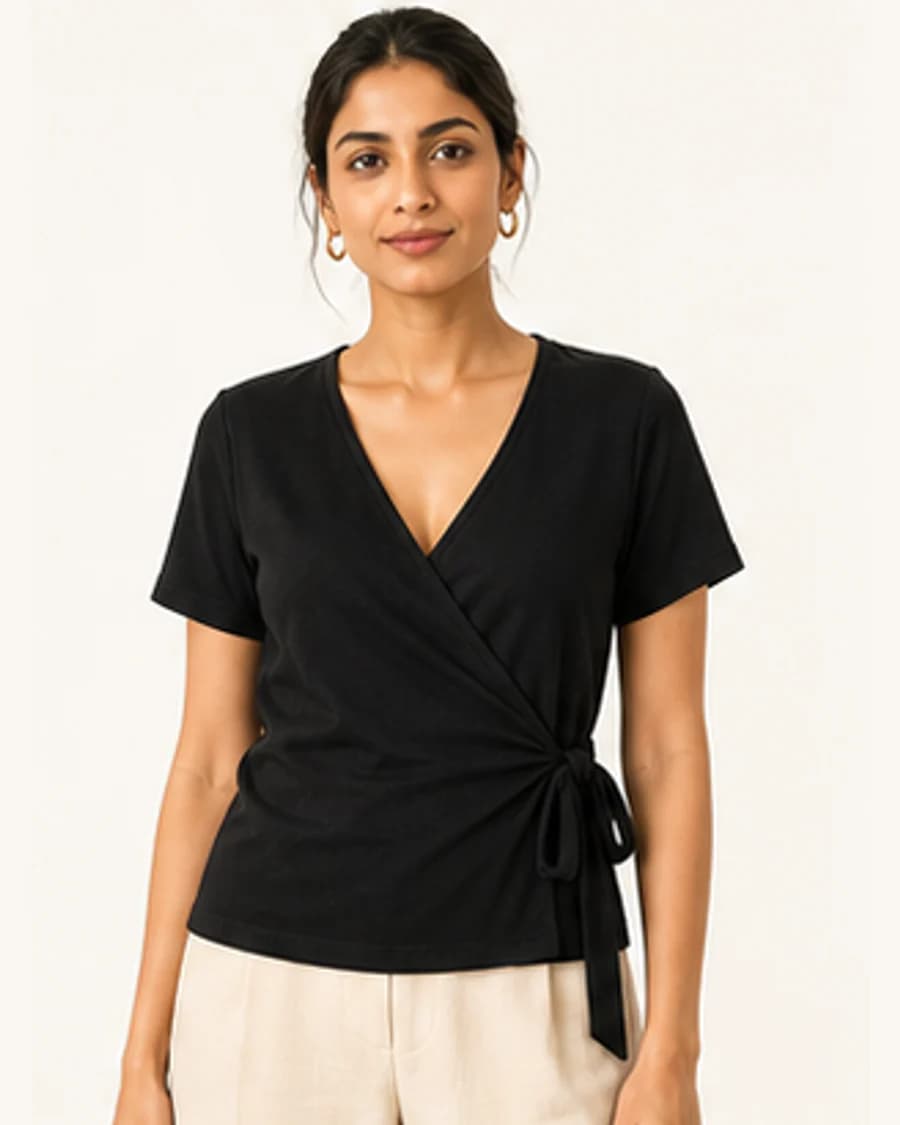 Metro Knit Wrap Blouse: front styling view on an adult Indian model