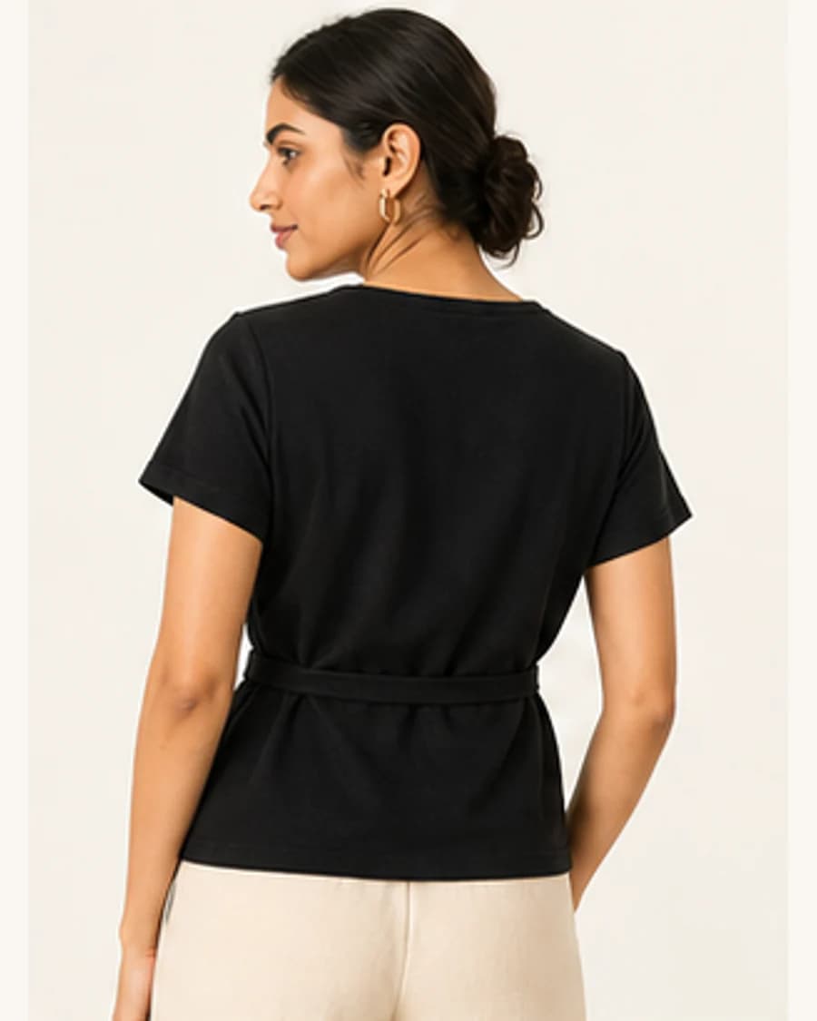 Metro Knit Wrap Blouse: three-quarter styling view