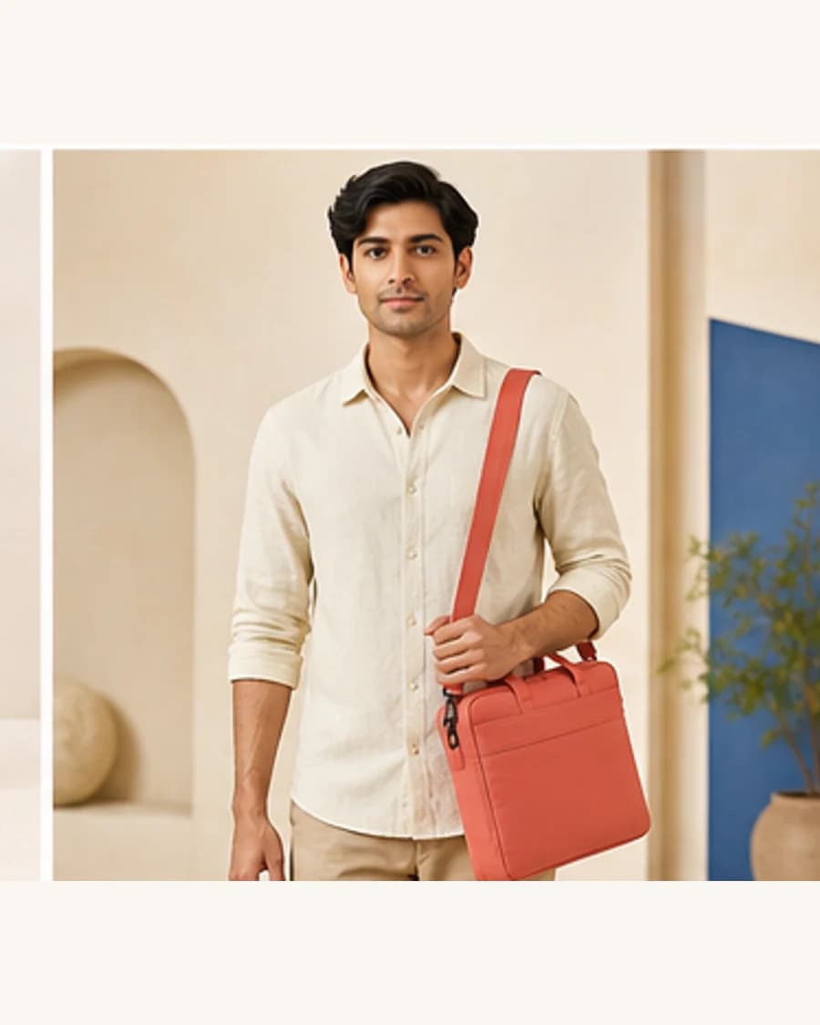 Metro Laptop Carryall: front styling view on an adult Indian model