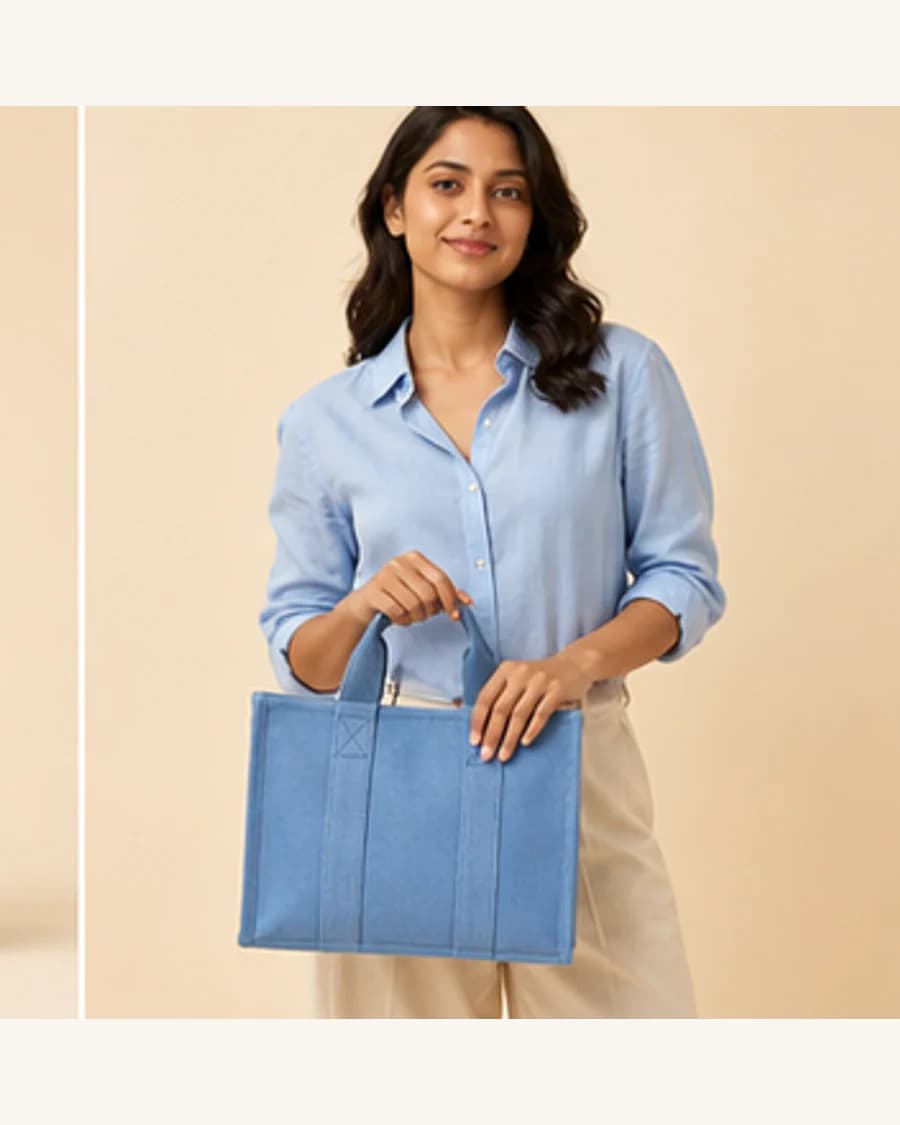 Metro Mini Tote: front styling view on an adult Indian model