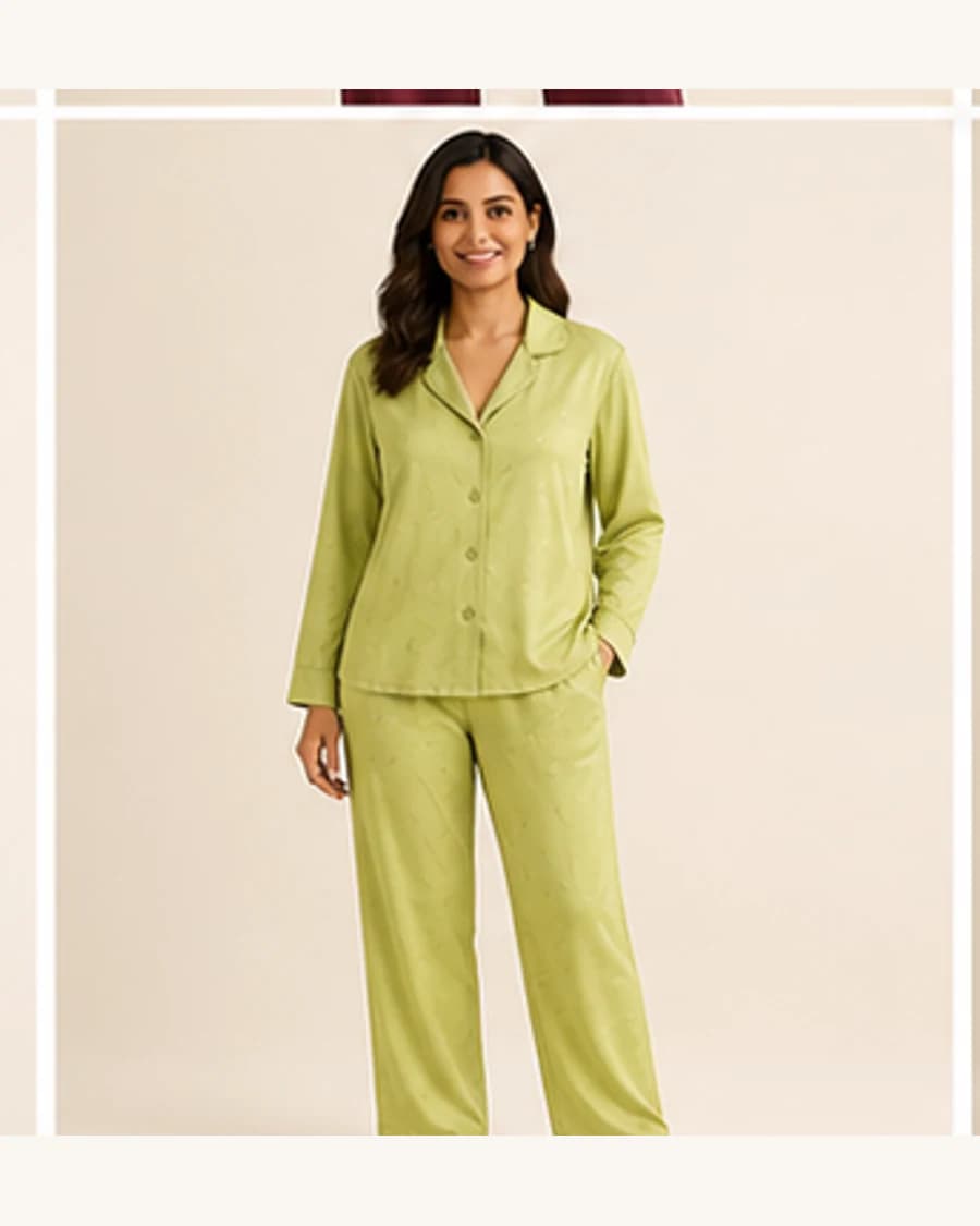 Moon Relaxed Pyjama Set: front styling view on an adult Indian model