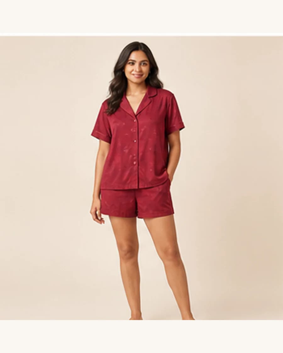 Moon Sleep Short Set: front styling view on an adult Indian model