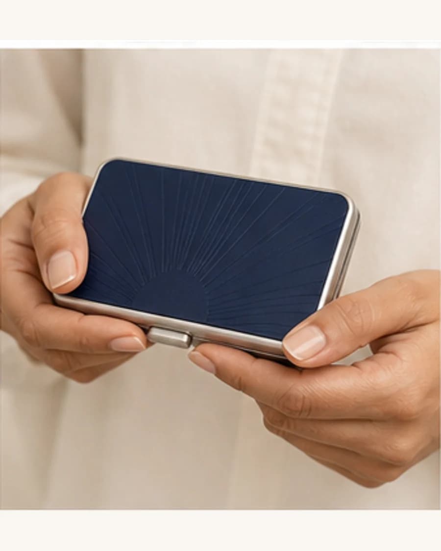 Moonlit Card Wallet: front styling view on an adult Indian model