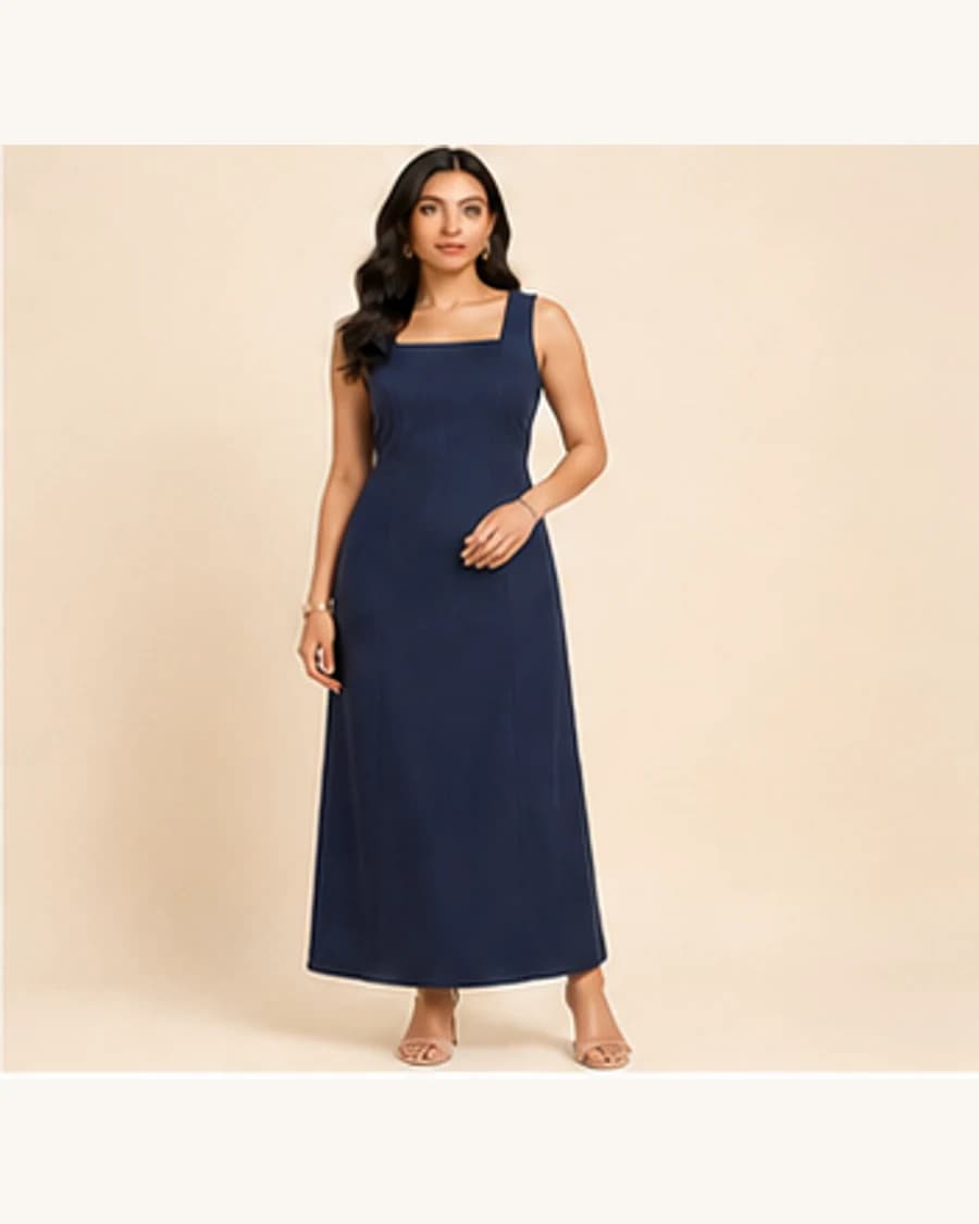 Moonlit Column Maxi Dress: front styling view on an adult Indian model