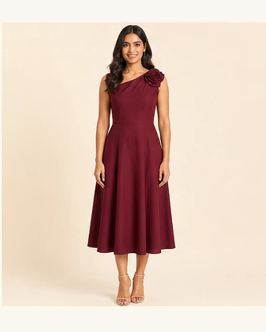 Moonlit Corsage Midi Dress: front styling view on an adult Indian model