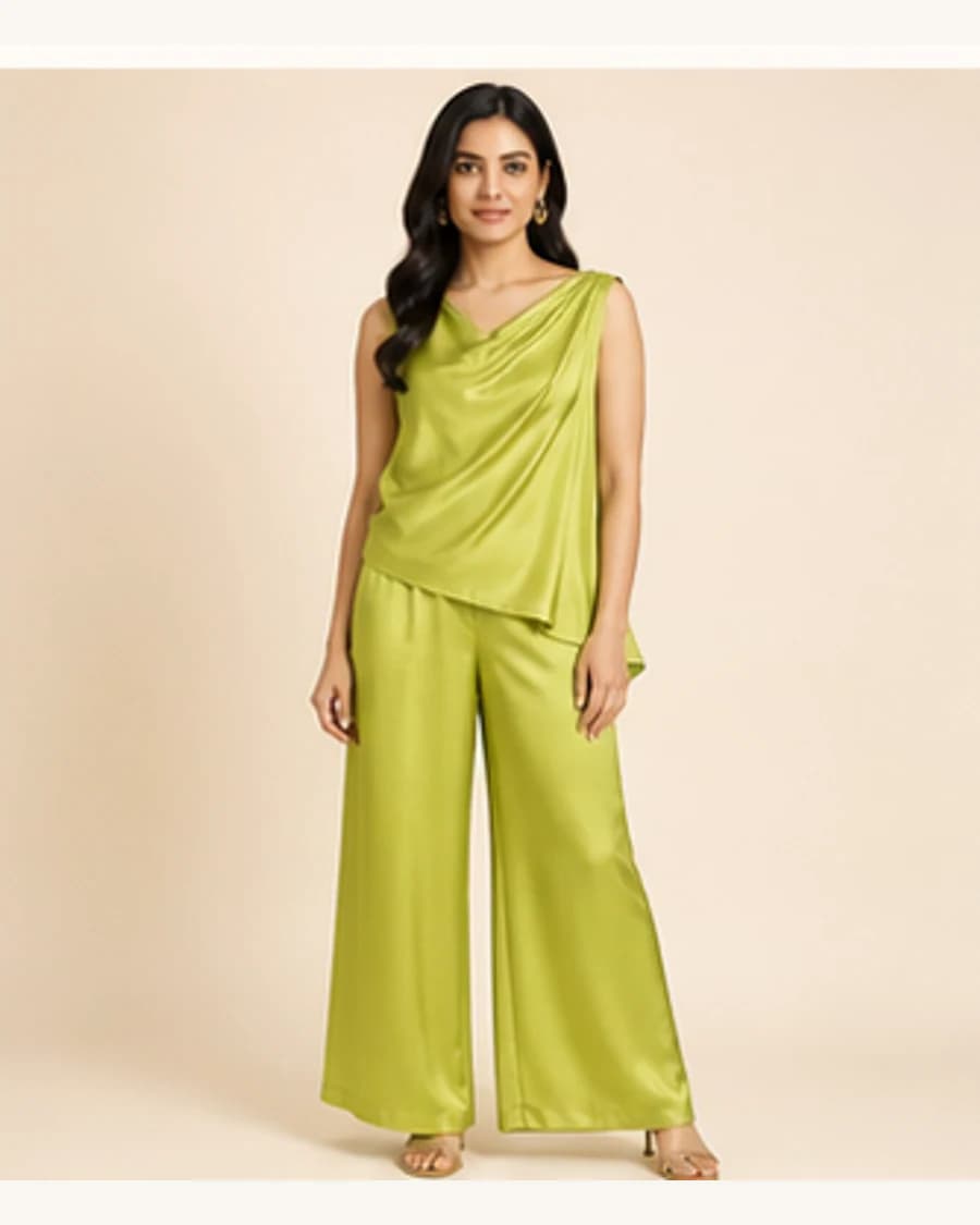 Moonlit Drape Co Ord Set: front styling view on an adult Indian model