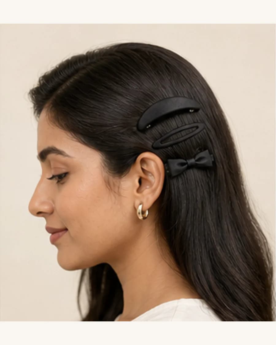 Moonlit Hair Clip Set: front styling view on an adult Indian model