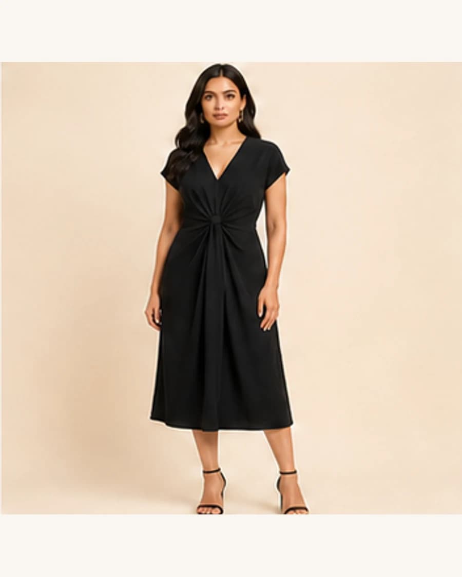 Moonlit Knot Front Dress: front styling view on an adult Indian model