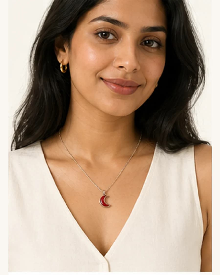 Moonlit Pendant Necklace: front styling view on an adult Indian model