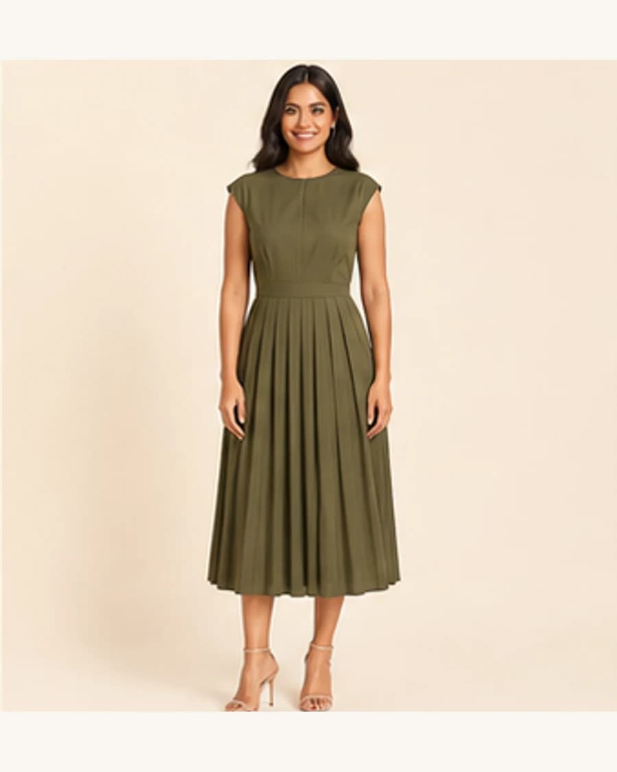 Moonlit Pleat Dress: front styling view on an adult Indian model