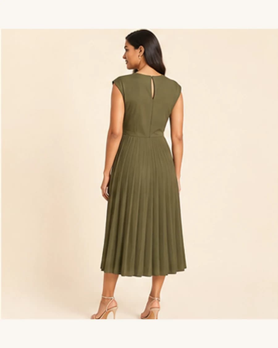Moonlit Pleat Dress: three-quarter styling view