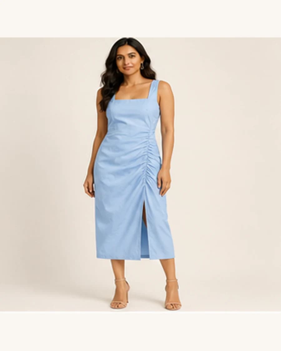 Moonlit Ruched Midi Dress: front styling view on an adult Indian model