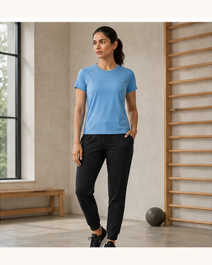 Motion Training Tee: front styling view on an adult Indian model