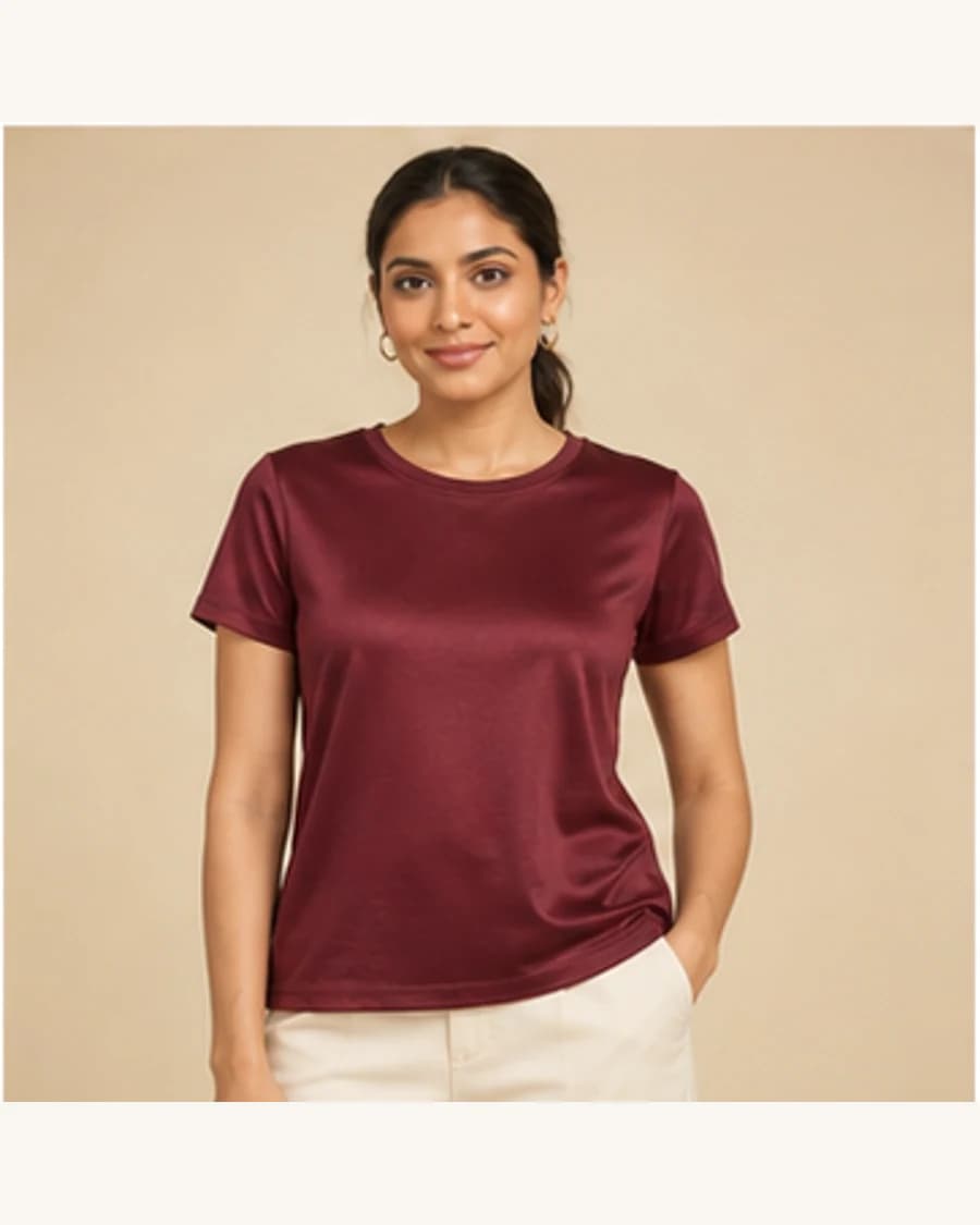 Muse Satin Crew Top: front styling view on an adult Indian model