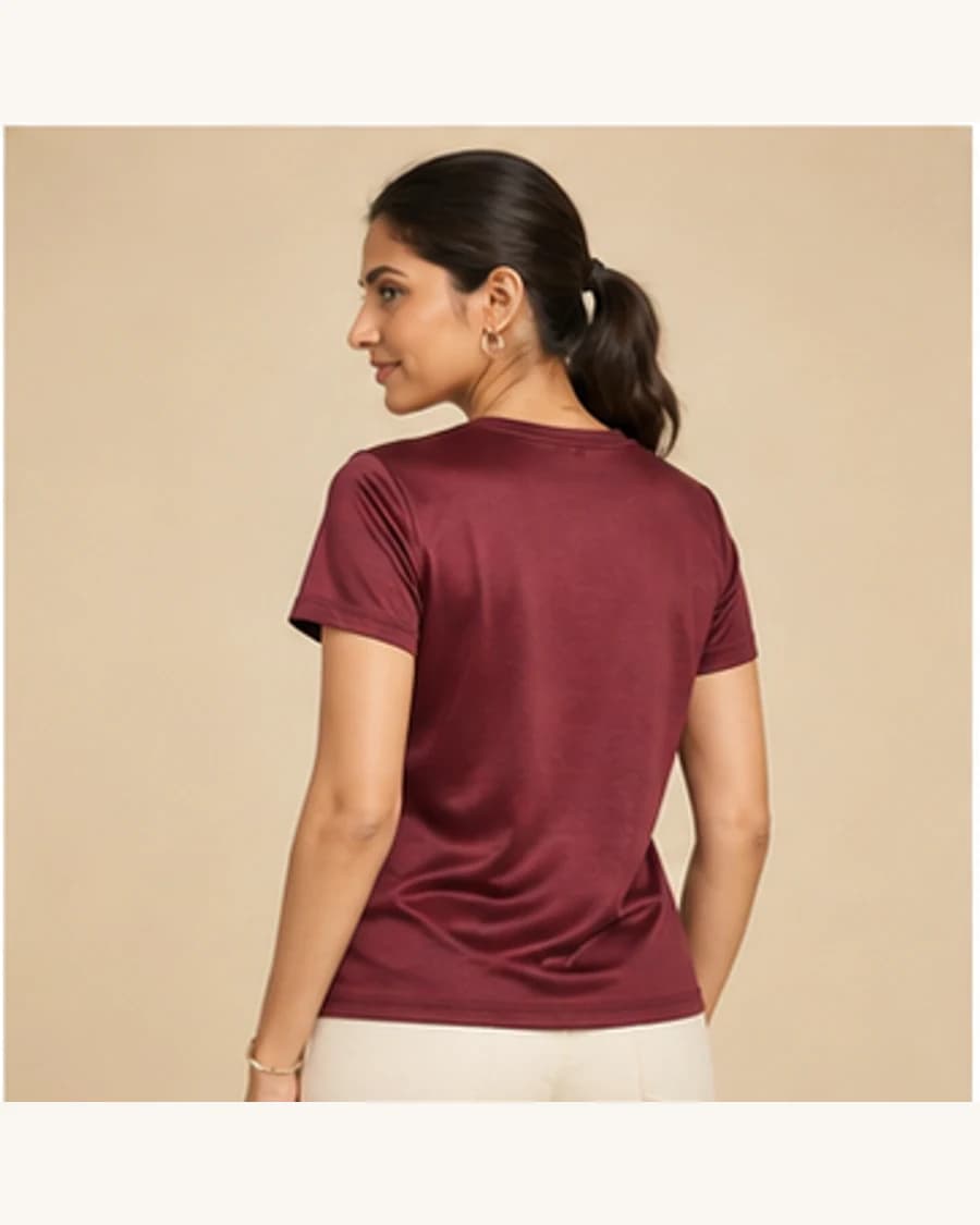 Muse Satin Crew Top: three-quarter styling view