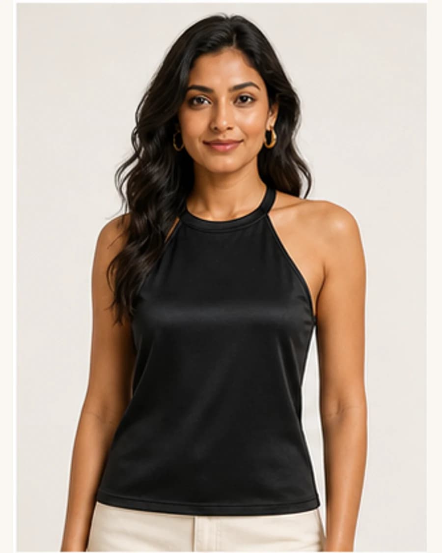 Muse Satin Halter Top: front styling view on an adult Indian model