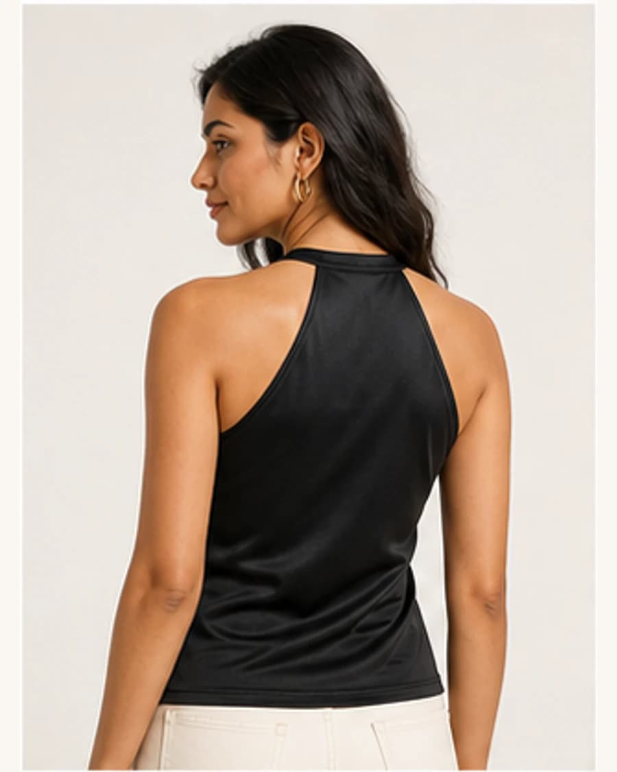 Muse Satin Halter Top: three-quarter styling view