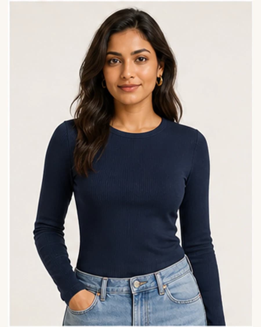 Muse Satin Long Sleeve Tee: front styling view on an adult Indian model