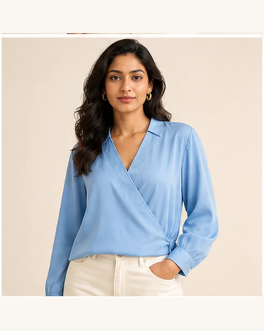 Muse Satin Wrap Blouse: front styling view on an adult Indian model