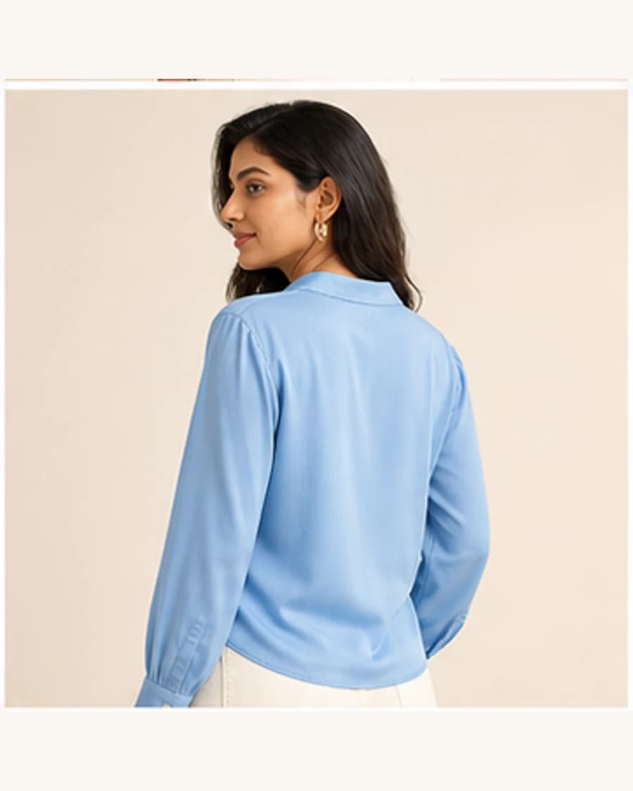 Muse Satin Wrap Blouse: three-quarter styling view