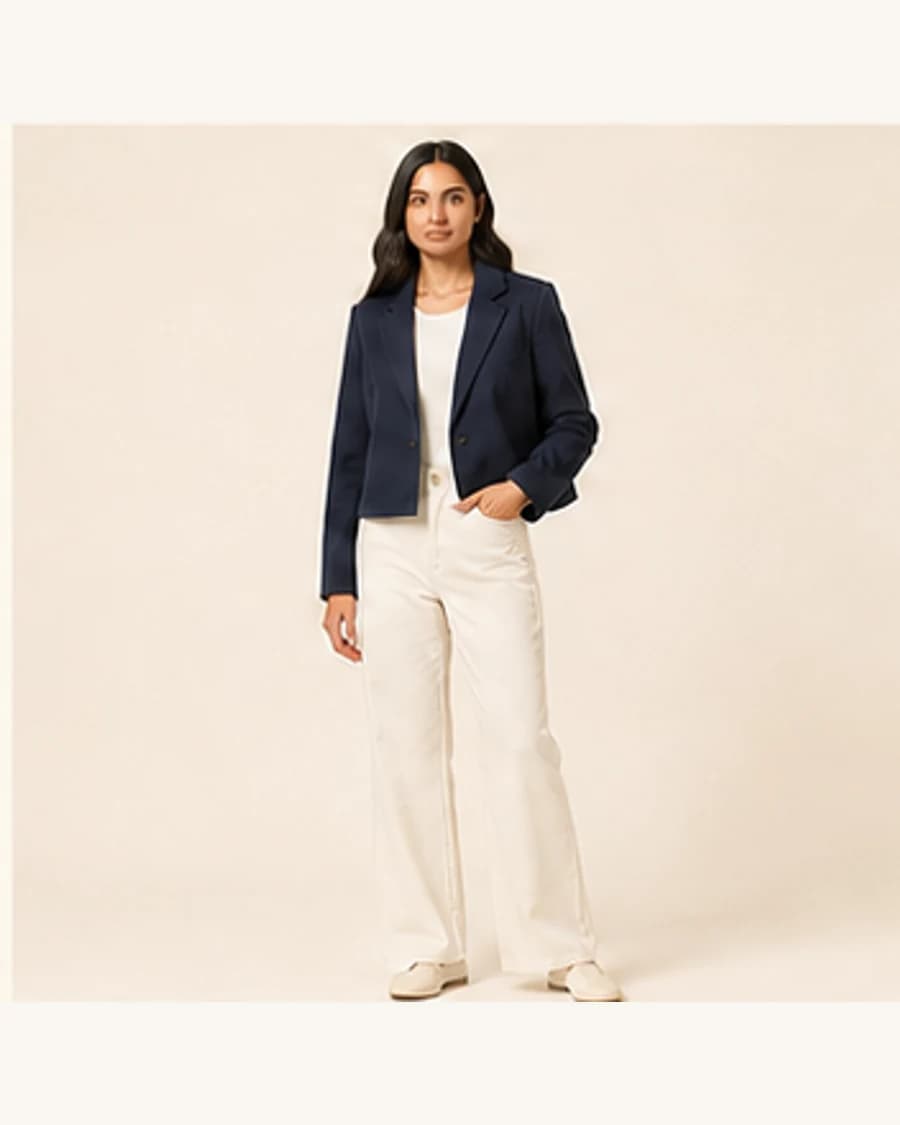 Northline Cropped Blazer: front styling view on an adult Indian model