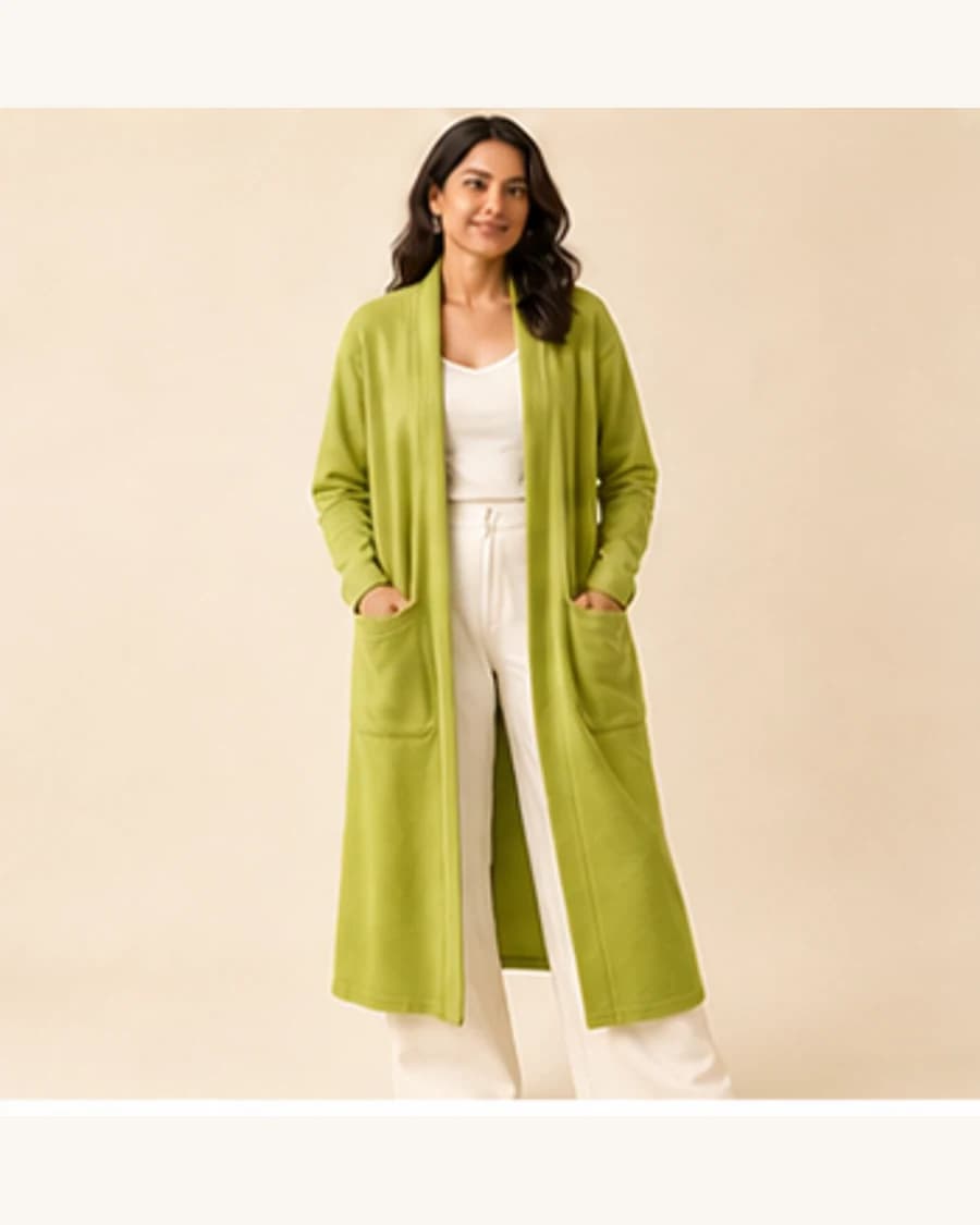 Northline Longline Cardigan: front styling view on an adult Indian model