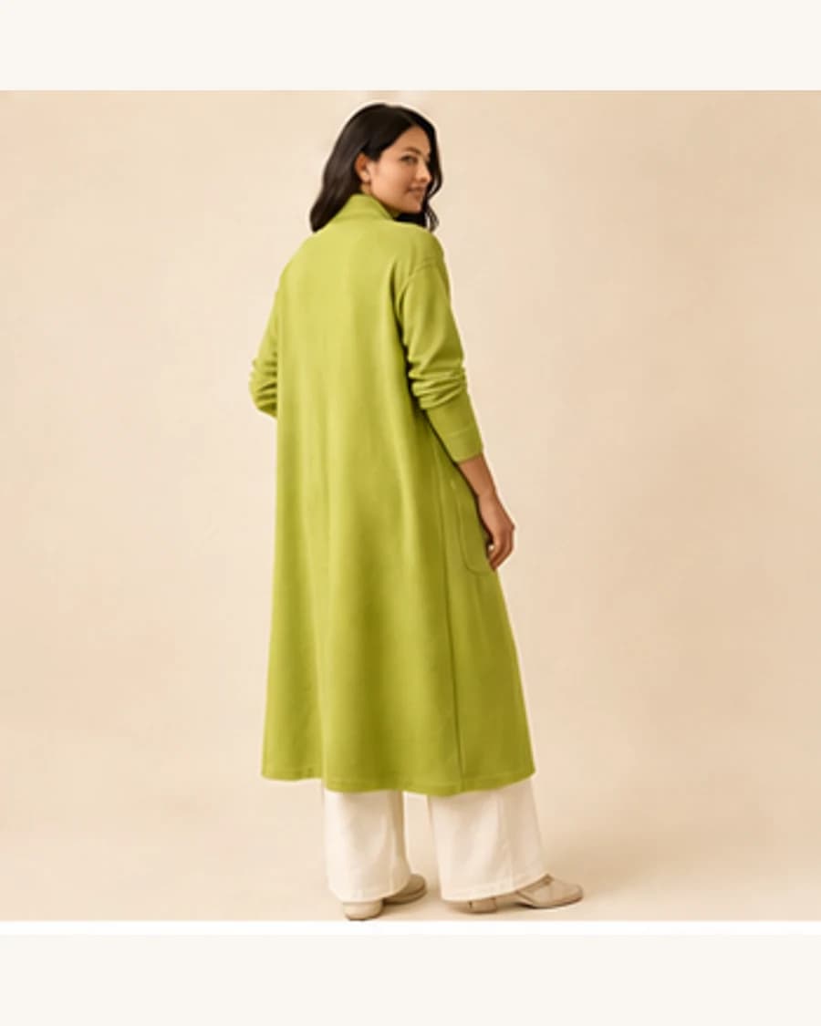 Northline Longline Cardigan: three-quarter styling view