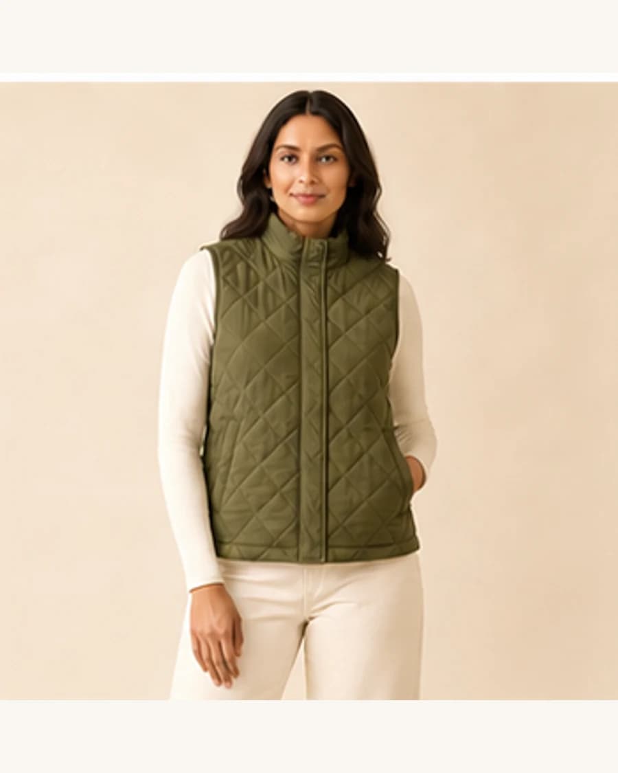 Northline Quilted Vest: front styling view on an adult Indian model