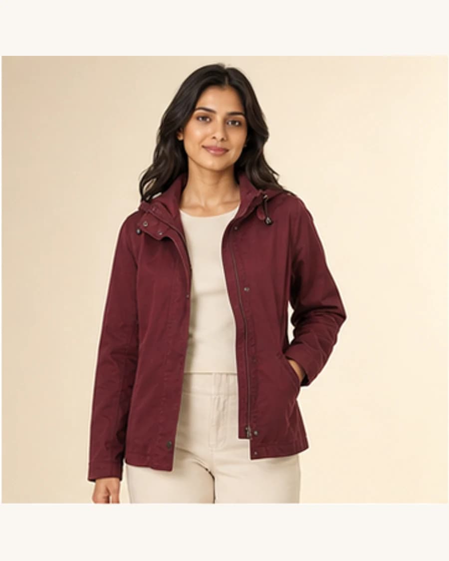 Northline Rain Shell: front styling view on an adult Indian model