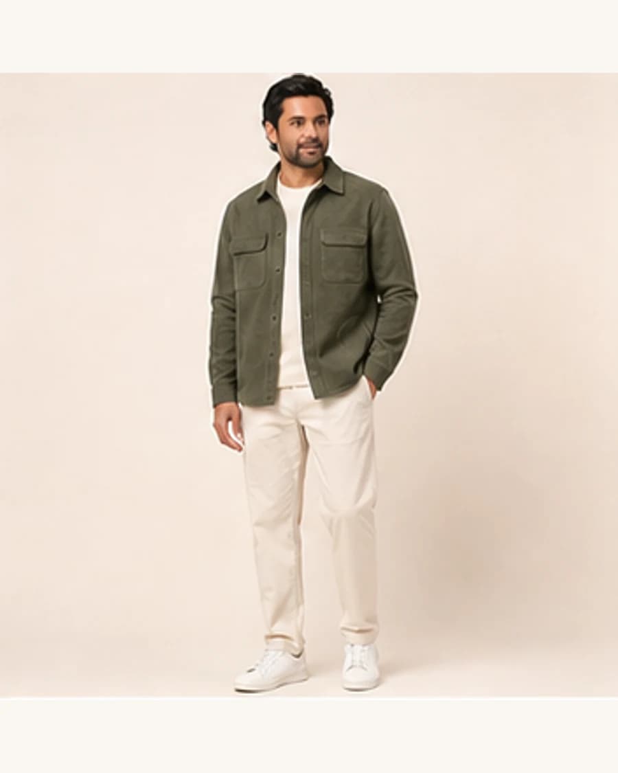 Northline Travel Shacket: front styling view on an adult Indian model