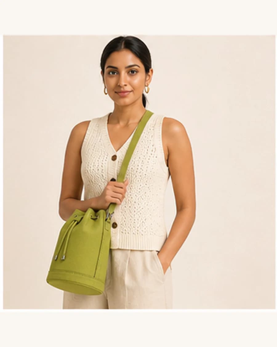 Orbit Bucket Bag: front styling view on an adult Indian model