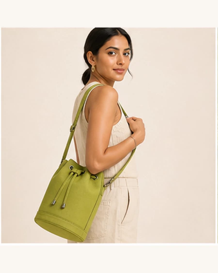 Orbit Bucket Bag: three-quarter styling view