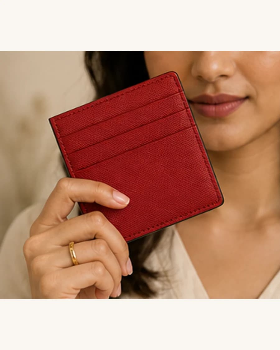 Orbit Card Wallet: front styling view on an adult Indian model