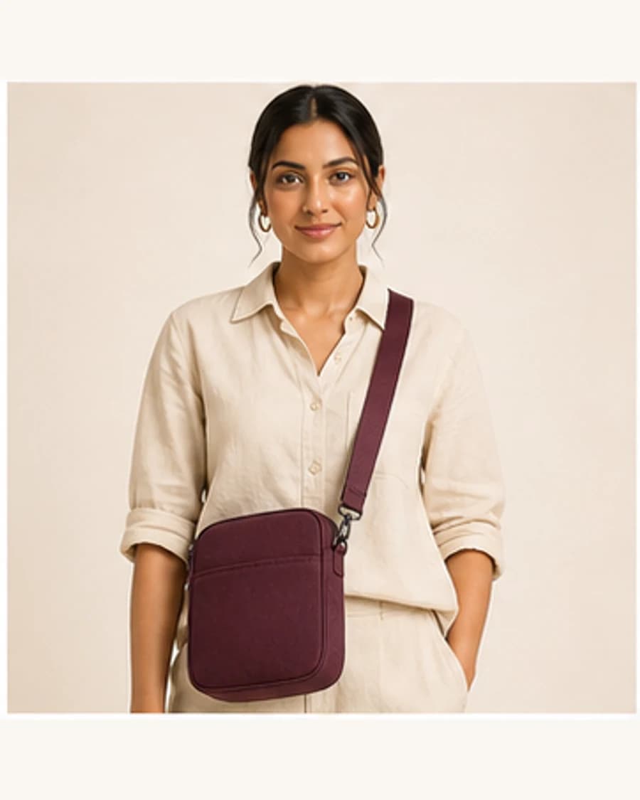 Orbit Crossbody Bag: front styling view on an adult Indian model