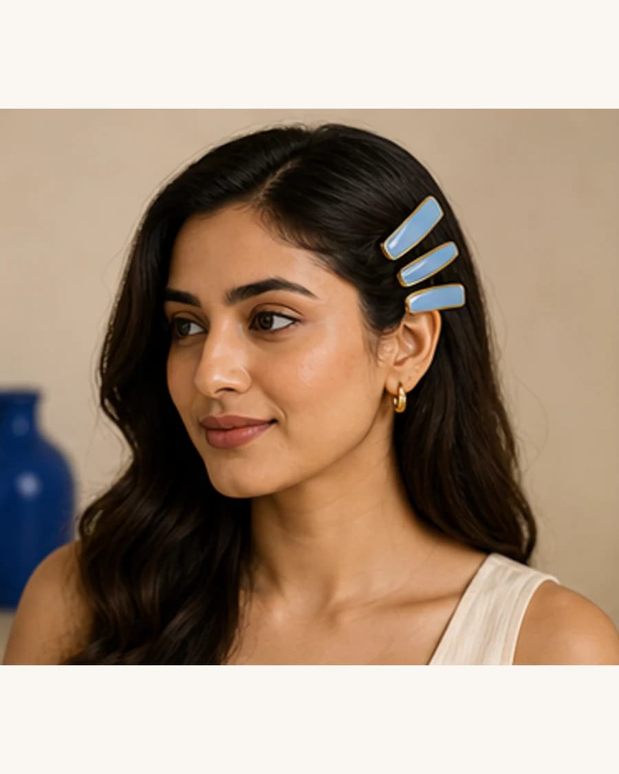 Orbit Hair Clip Set: front styling view on an adult Indian model
