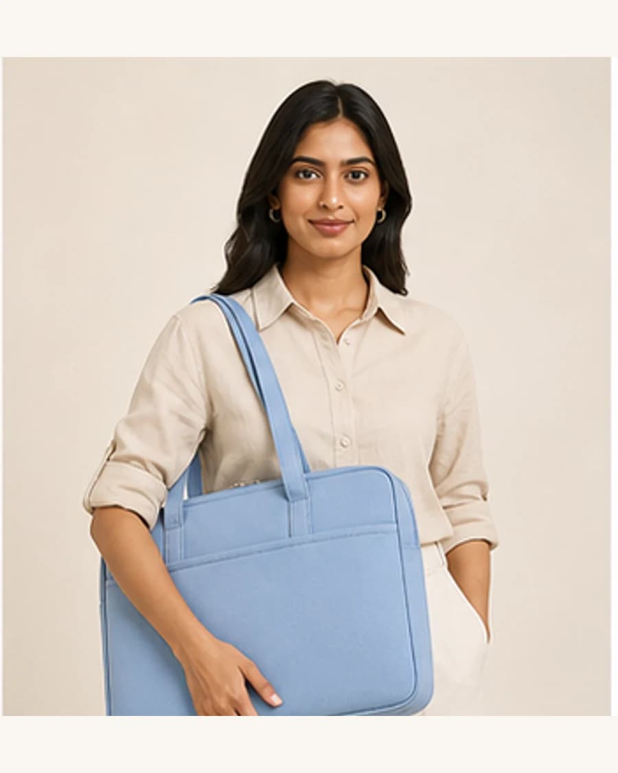Orbit Laptop Carryall: front styling view on an adult Indian model