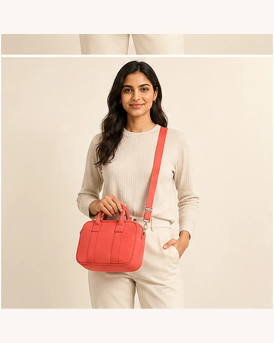 Orbit Mini Tote: front styling view on an adult Indian model