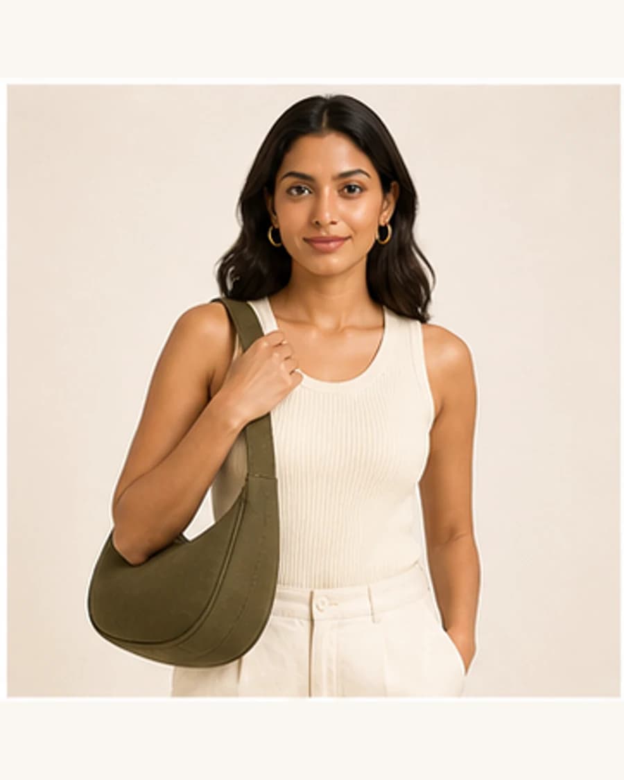 Orbit Shoulder Bag: front styling view on an adult Indian model