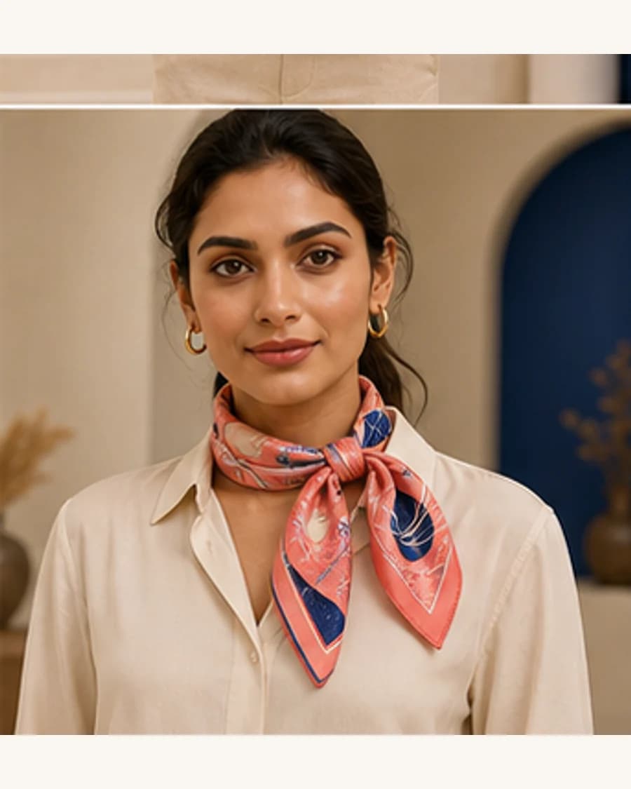Orbit Silk Touch Scarf: front styling view on an adult Indian model