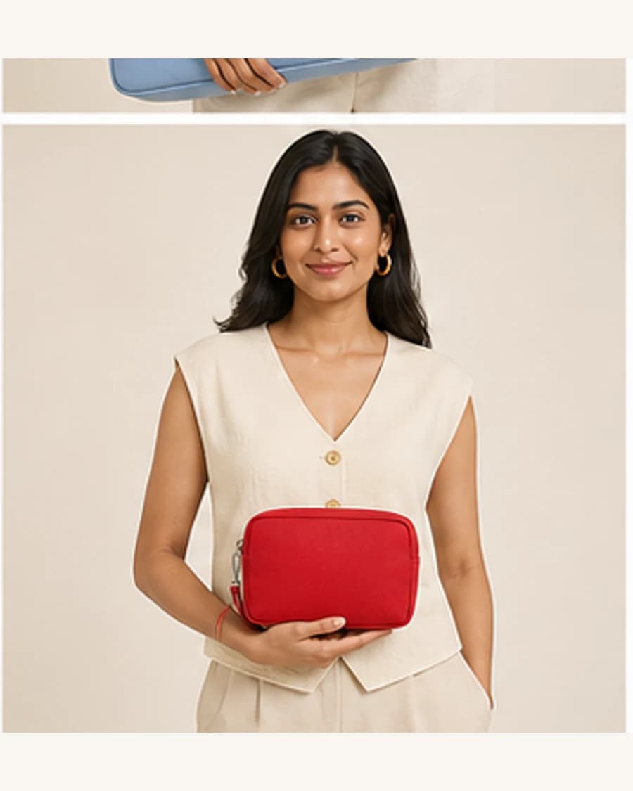Orbit Travel Pouch: front styling view on an adult Indian model