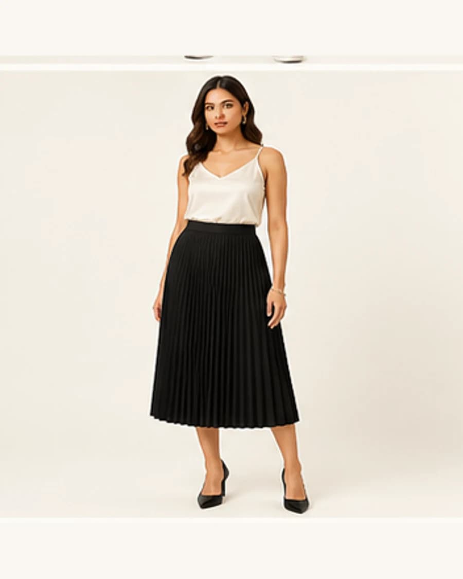 Pleated Midi Skirt: front styling view on an adult Indian model