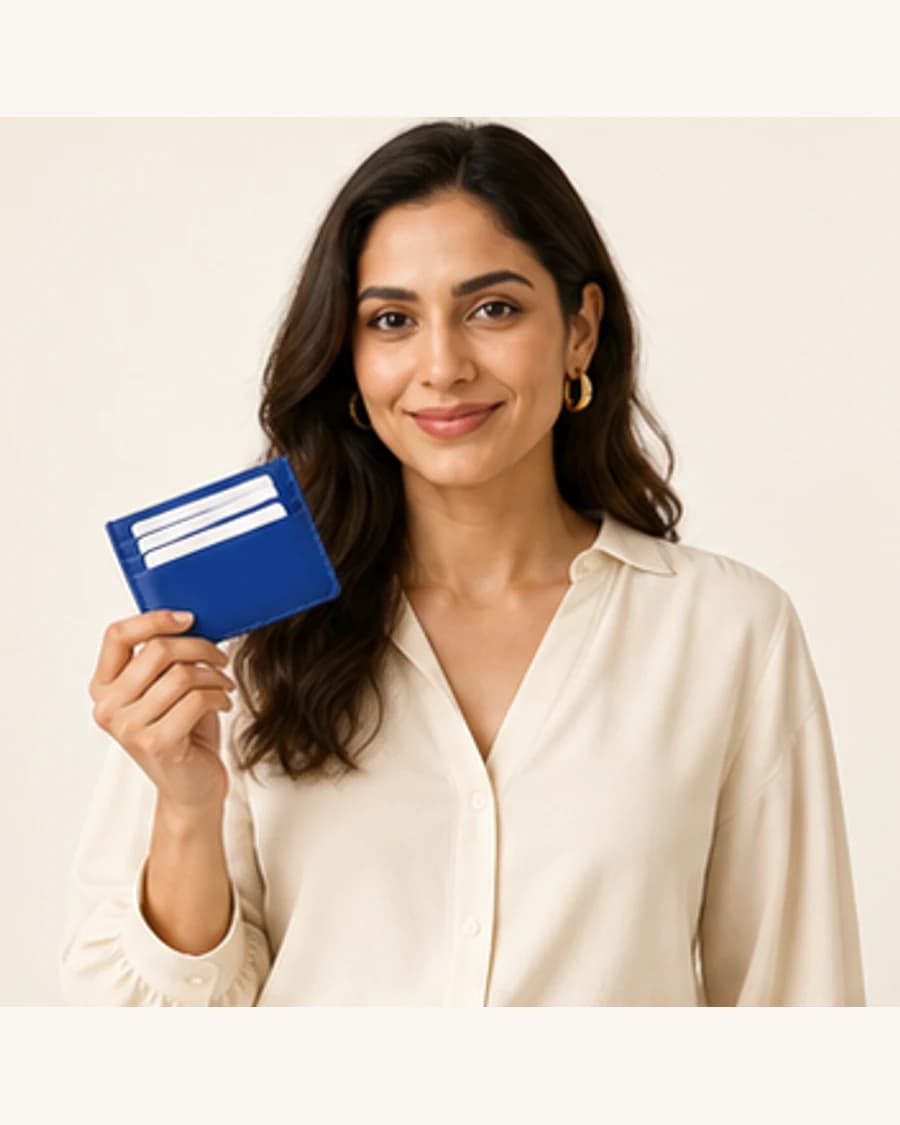 Pocket Card Holder: front styling view on an adult Indian model