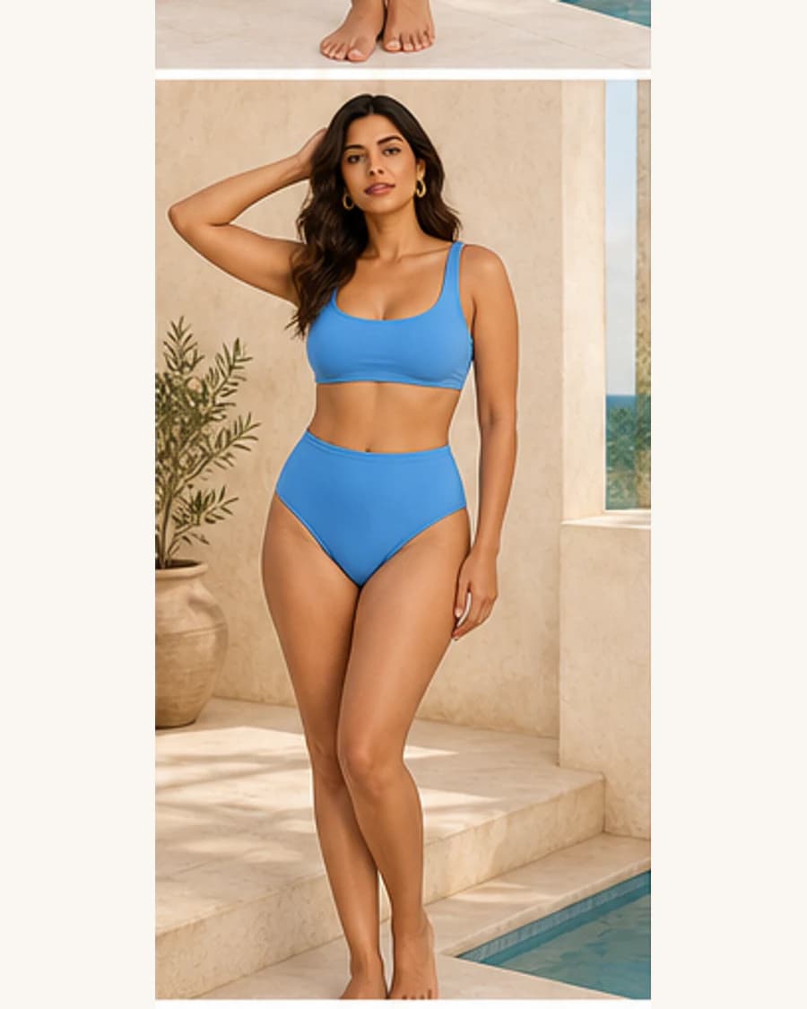 Reef High Waist Bikini Set: front styling view on an adult Indian model