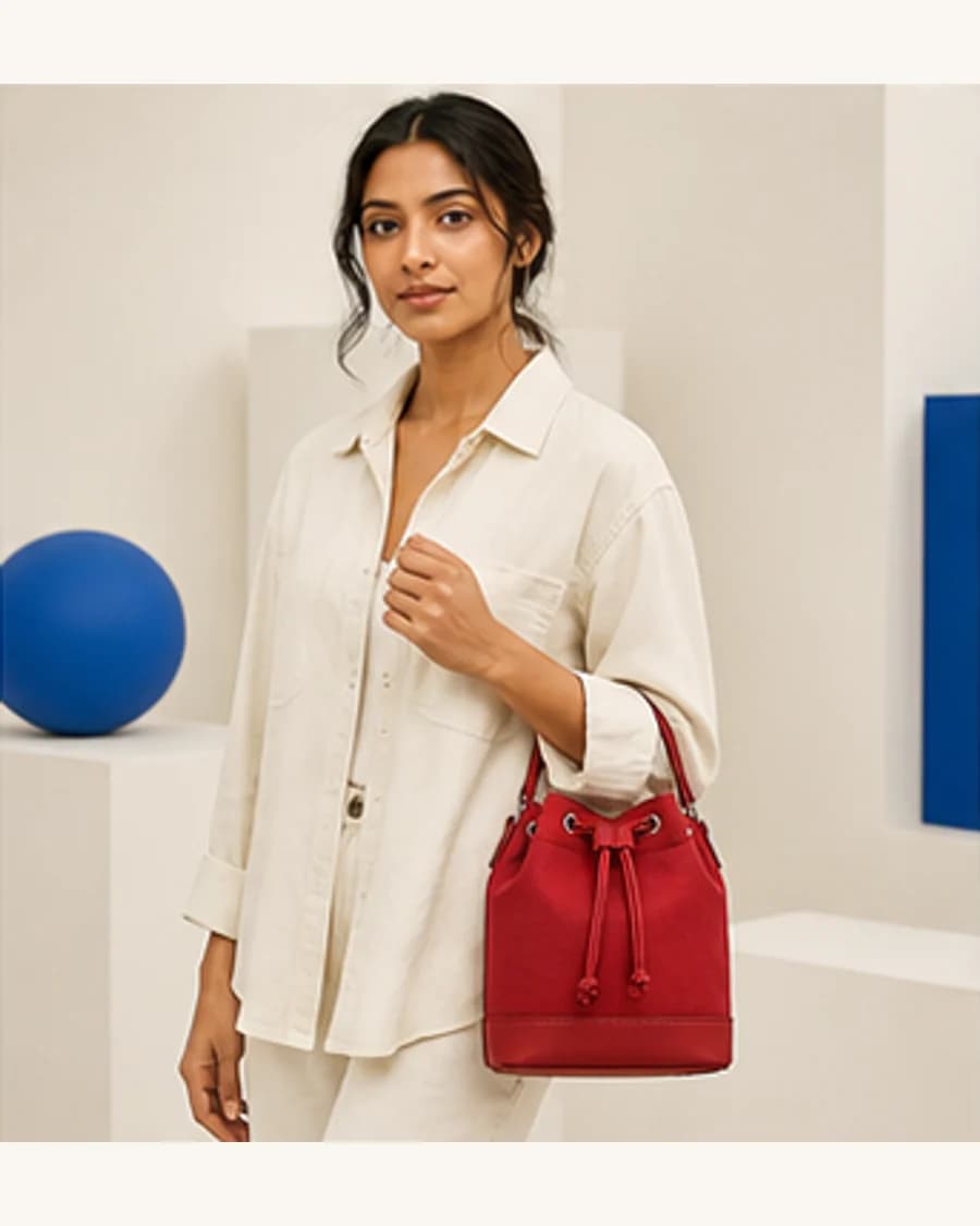 Riviera Bucket Bag: front styling view on an adult Indian model