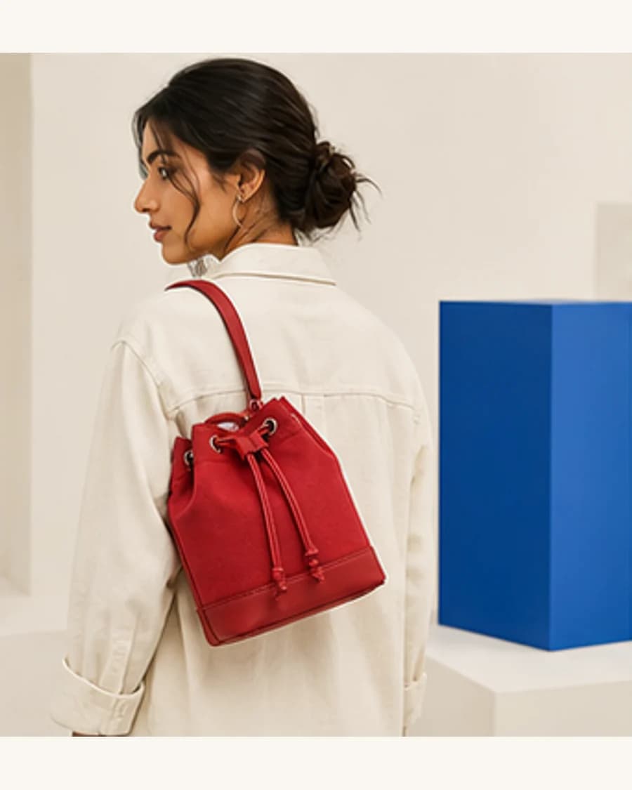 Riviera Bucket Bag: three-quarter styling view