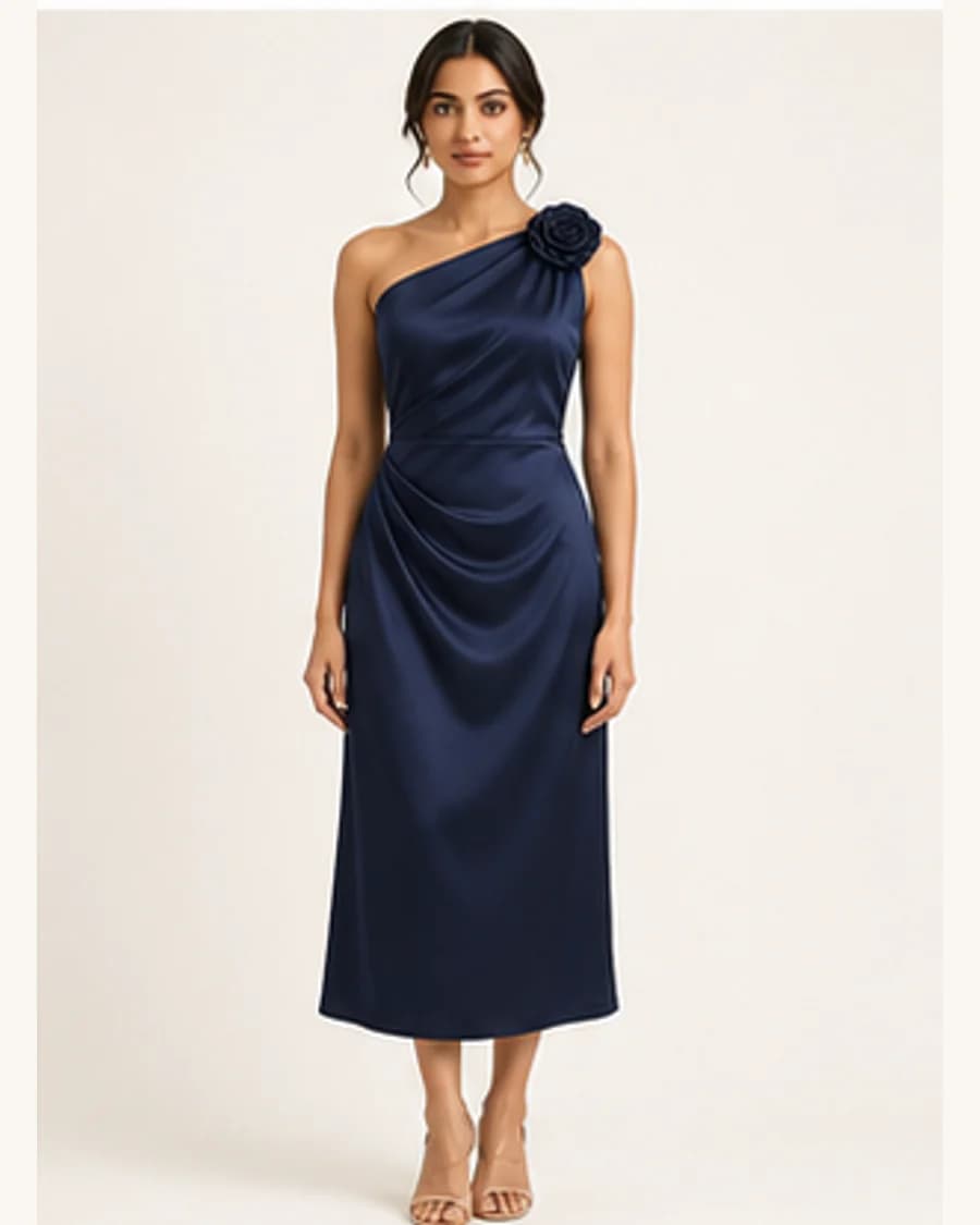 Riviera Corsage Midi Dress: front styling view on an adult Indian model
