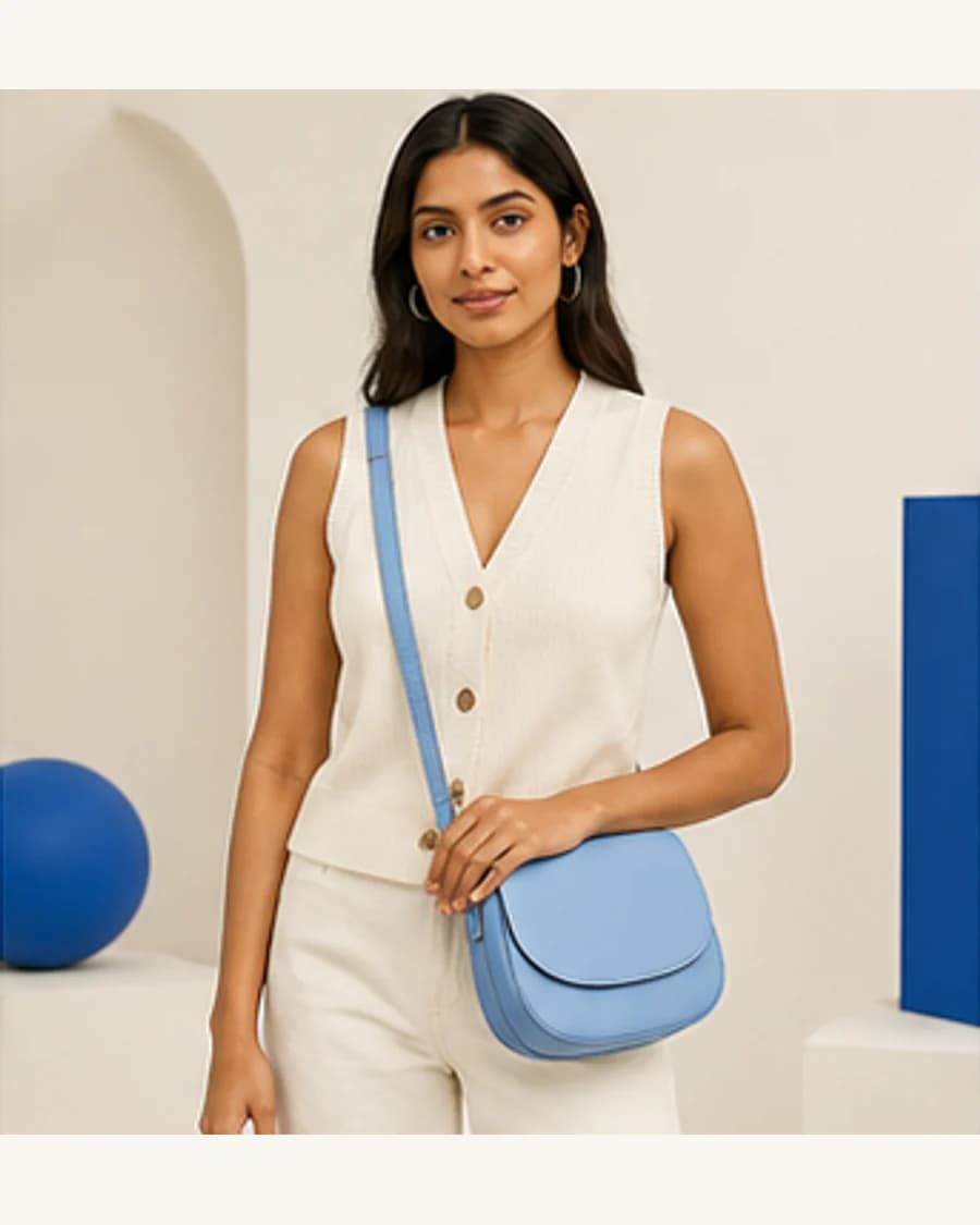 Riviera Crossbody Bag: front styling view on an adult Indian model